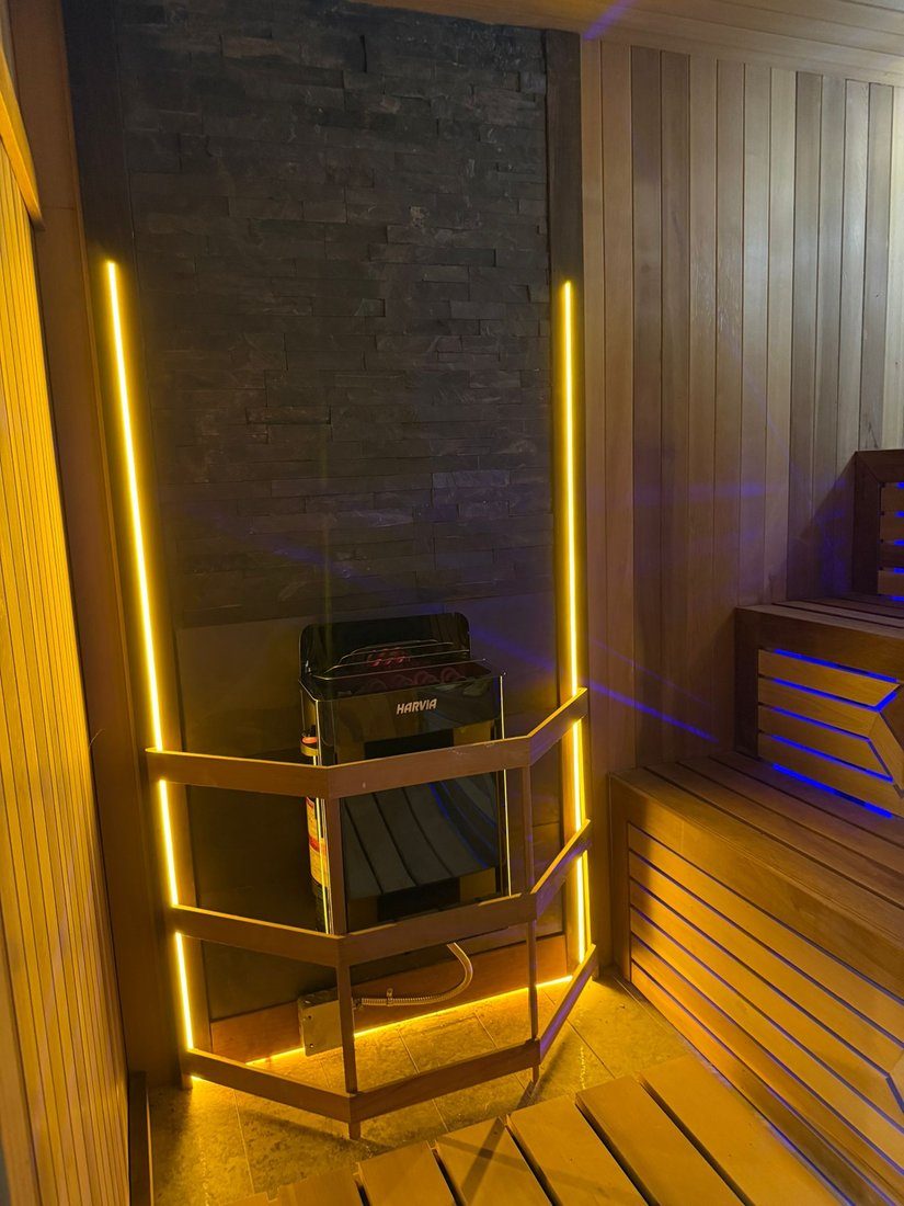 Harvia sauna heater — wired & safely enclosed